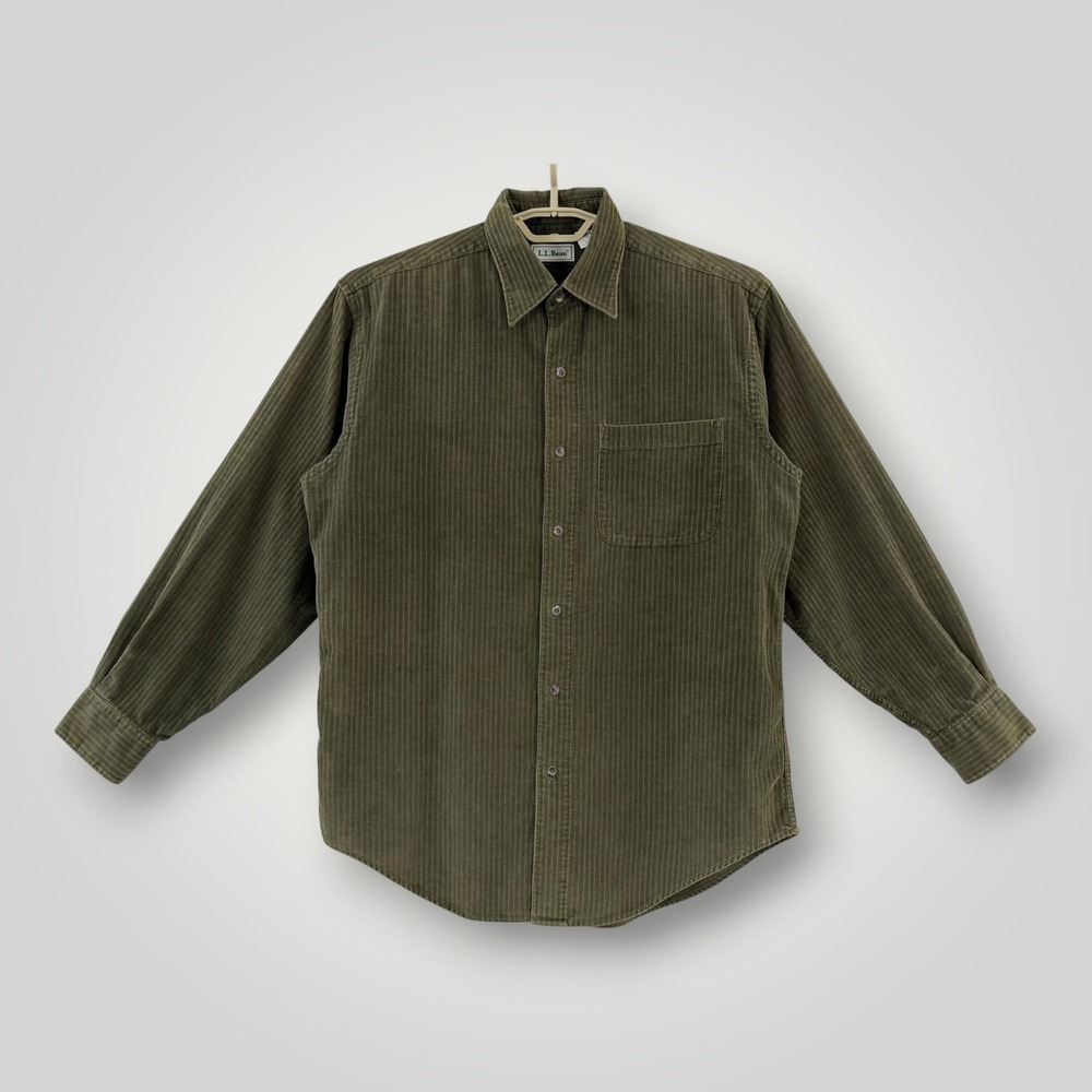 Vintage L.L.Bean Green Corduroy Shirt Mens M Cotton Button Up Hong‎ Kong